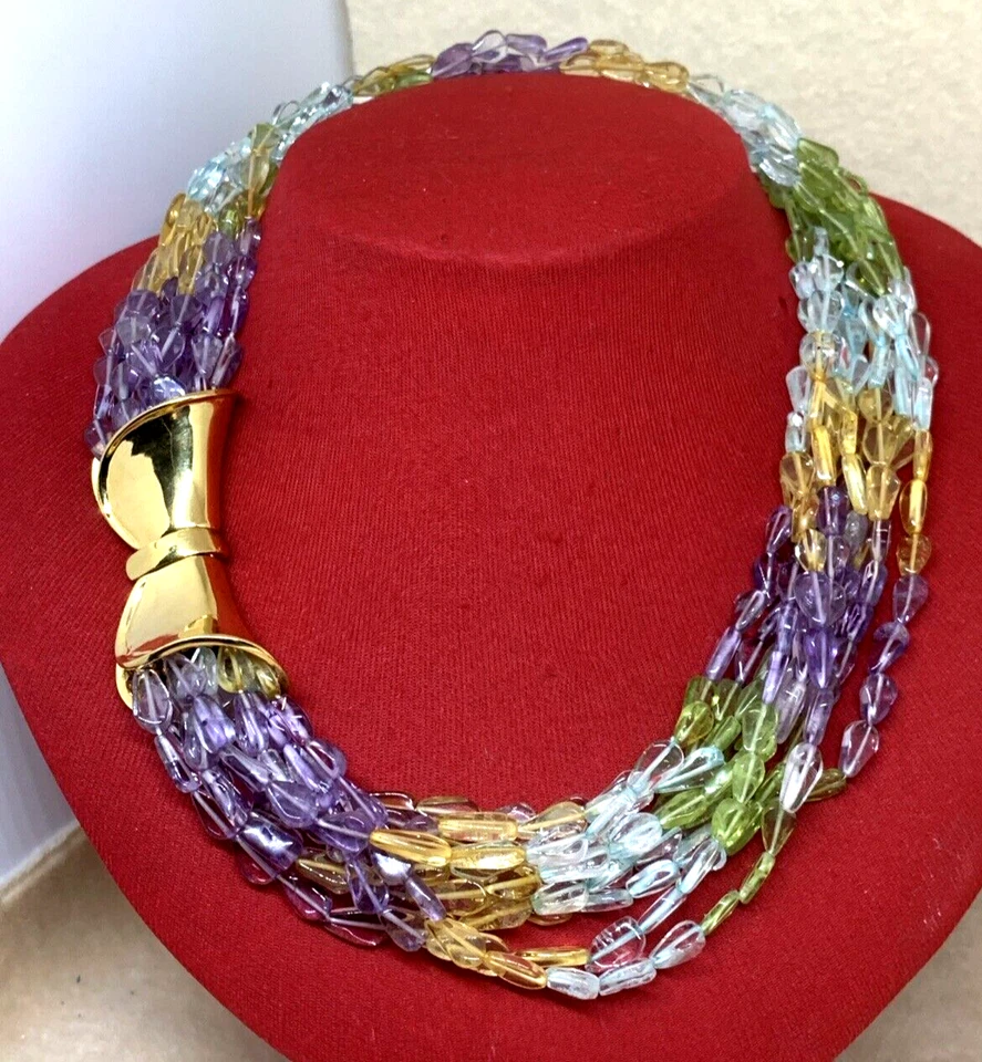 COLLANA 10 FILI AMETISTA PERIDOTO CITRINO E ACQUAMARINA CHIUSURA ARGENTO PL. ORO - Immagine 2 di 4