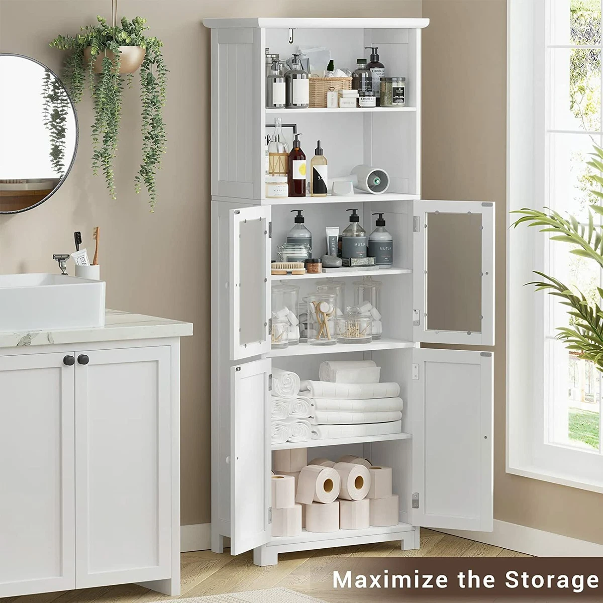 Tall Bathroom Storage Cabinet Home 64” Height Freestanding Linen