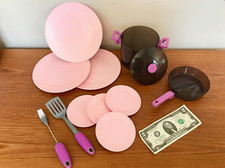 BARBIE COOK WITH ME SMART KITCHEN FOOD DISHES PANS ● PINK PLATES SPATULA PAN LID
