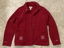 LL Bean Women’s Large L Red Snap Red Fleece Cardigan Sweater Snow Flakes NICE
