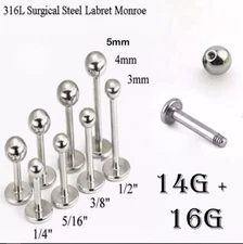 16G Stainless Lip Monroe Ring Cheek Tragus Labret Stud Silver Piercing