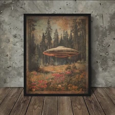 Vintage UFO ALIEN Forest Flower Wall Art, Sci-fi UAP NHI Botanical Nature Decor