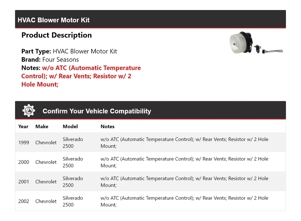 Kit de motor soplador de climatización para Chevrolet Silverado 2500 1999-2002 4 estaciones 2000 2001 Foto 2 de 3