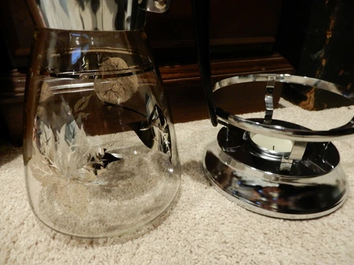VINTAGE 1960'S GLASS COFFEE CARAFE COLONY LEAF DESIGN WITH CANDLE WARMER STAND