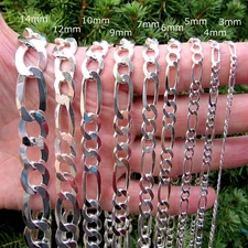 Men’s Solid 925 Sterling Silver Figaro Chain Necklace or Bracelet Italian 3+1