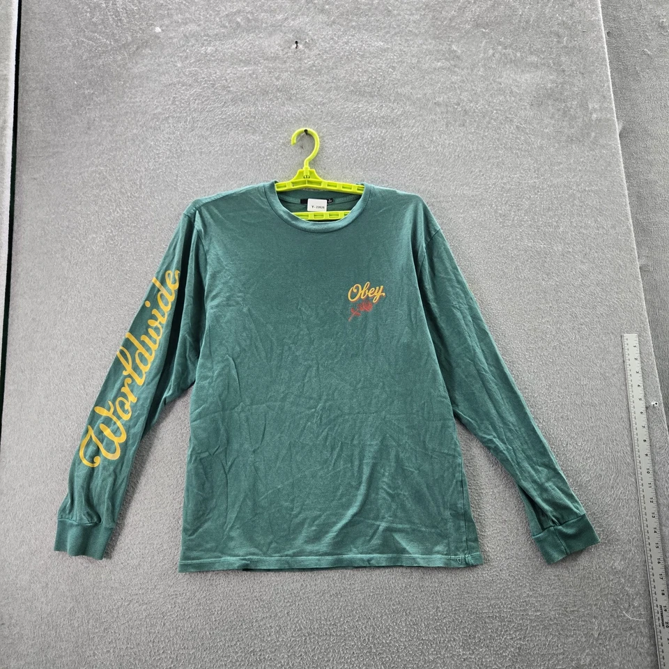 Obey Men Shirt L Green Graphic Print Rose Script Logo Long Sleeve - Image 4 of 4