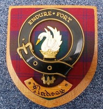 SCOTTISH CLAN LINDSAY Vintage Heraldic Tartan - Hand Painted Oak Shield /Plaque