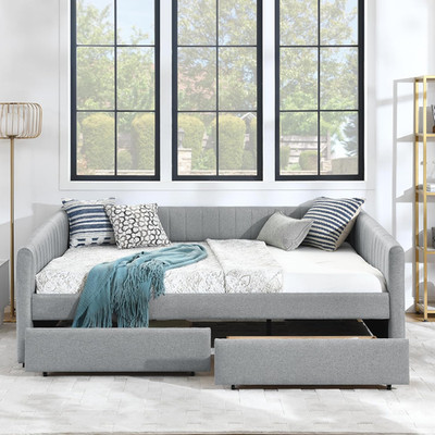 Modern Queen Size Linen Daybed with Drawers, Easy Assembly, Grey