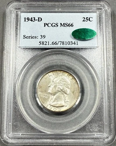 1943-D Washington Quarter 25c - PCGS MS66 CAC - Choice PQ