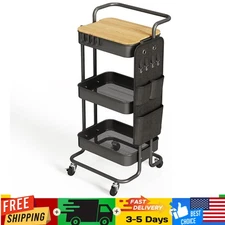 3 Tier Metal Utility Rolling Cart w/Table Top & Side Bags for Kitchen Bathroom