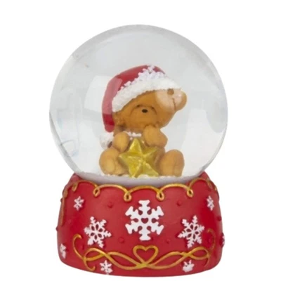 MINIUM COLLECTION Süße Schneekugel Weihnachtsteddy goldener Stern auf Sockel rot weiße Schneeflock