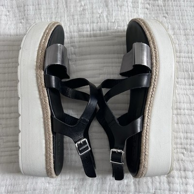 Espadrille Black & Silver Italian Platform Chunky Leather Sandals Size 8.5 EU 39