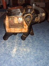 Antique Vintage Indian Hand Carved Wood Metal Inlay Brass Copper Elephant