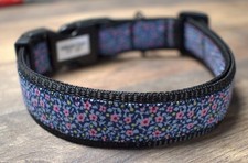 Custom Handmade Fabric Dog Collar - Blue/Pink Ditsy Floral - Fits 14" - 23" Neck