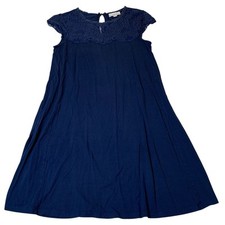 LOFT Outlet Navy Blue Casual Rayon & Spandex Swing Dress w/ Lace Top Size XS