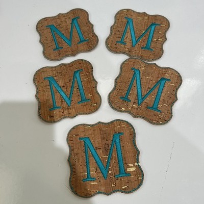 Handmade Embroidered Cork Coasters Monogram Turquoise Initial M Set of 5