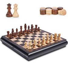 Wooden Chess Checkers Game Set 15.5" Large Size Board w/Storage Drawers, Weig...