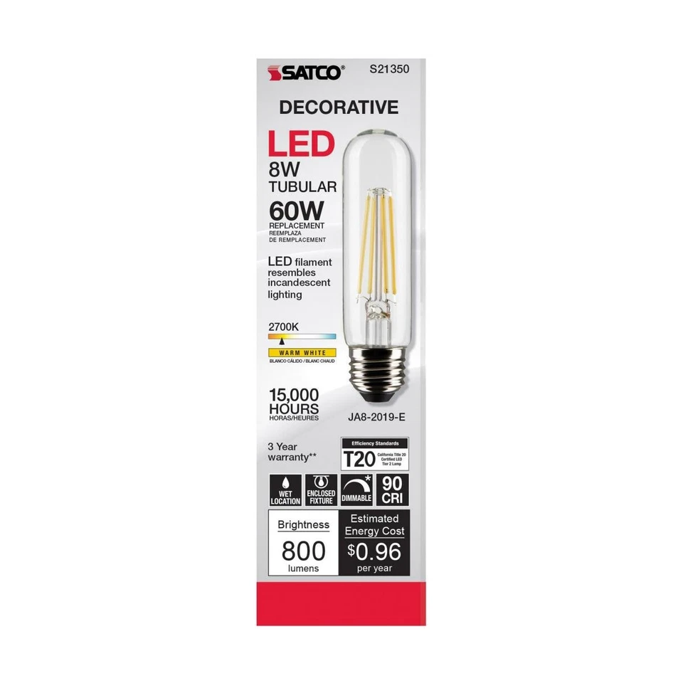 Satco S21350 - 8 Watt LED T10 Clear LED Bulbs - 2700K - 120 Volt (6 pack) - Image 3 of 4