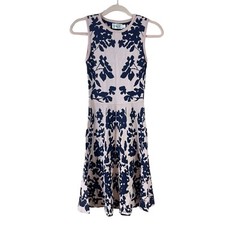 ELIZA J womens size XS pink blue damask print stretch knit fit and flare dress