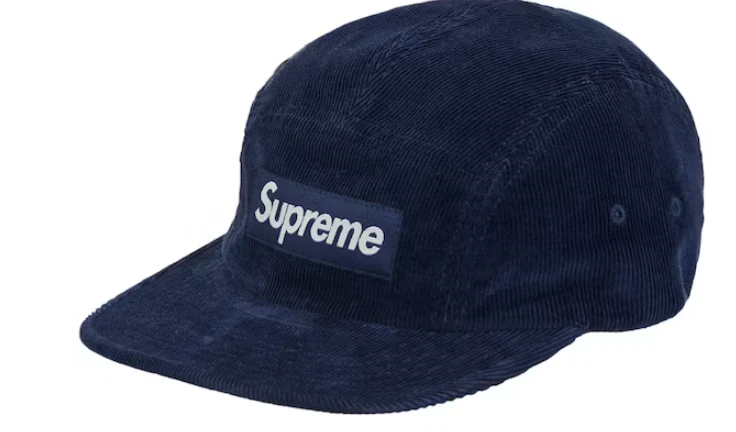 Casquette de camp Supreme Corduroy (FW23) marine authentique nouvelle boîte logo à la main