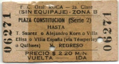 Argentinien Eisenbahn Ticket FC General Roca Plaza Constitucion T Suarez Alejandro K