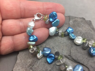 Genuine Pearl Necklace Baroque Blue & Green w/ Peridot Beads