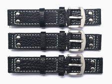 3Pcs 20mm Black/White Double Rivet Style Buffalo-Grain Leather Watch Band Strap
