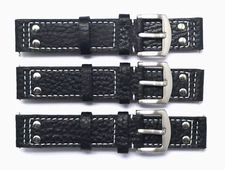 3Pcs 20mm Black/White Double Rivet Style Buffalo-Grain Leather Watch Band Strap