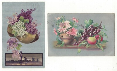2 Künstler gezeichnete Postkarten Blumen Früchte und ein Clog verschickt 1908