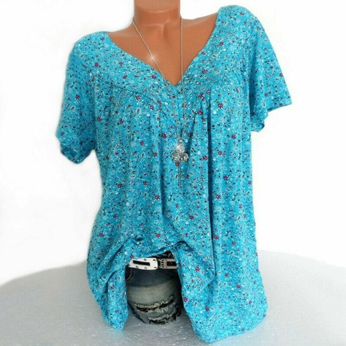 Women Plus Size Loose Blouse Holiday Boho Top Ladies Summer Short Sleeve T-shirt - Picture 20 of 20