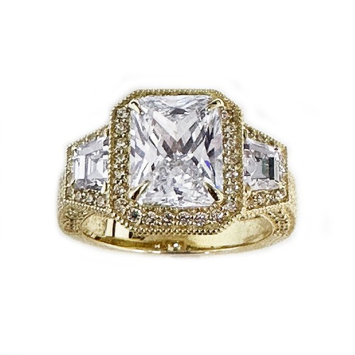14K YELLOW GOLD RADIANT AND ROUND MOISSANITE ENGAGEMENT RING HALO PRONG SET 4.00 - Picture 9 of 12
