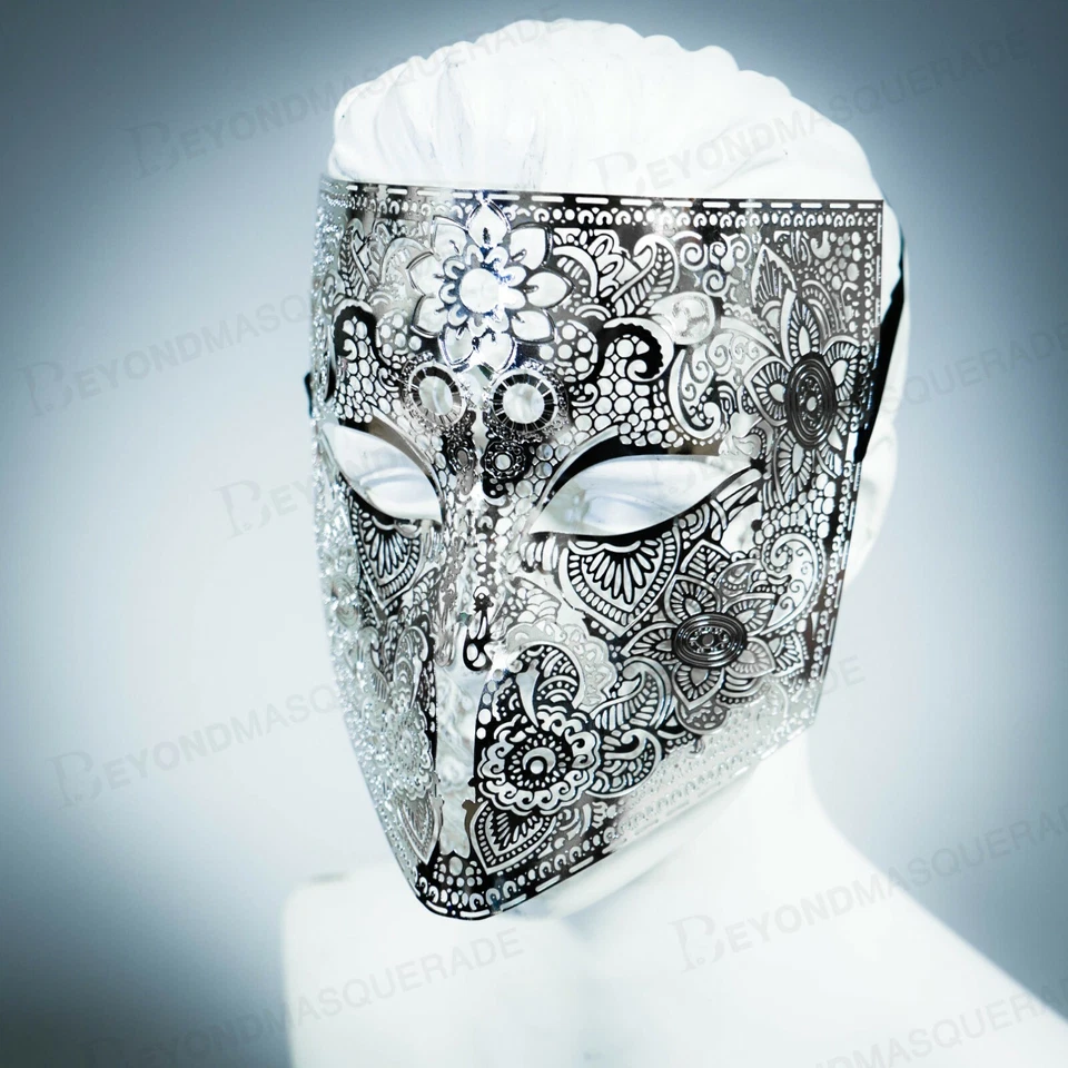 Mens Metal Bauta Venetian Laser-Cut Filigree Metal Masquerade Mask [Silver] - Image 2 of 2
