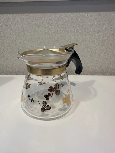 Vintage Glass Pyrex Gold clover mini single serve Coffee/ Tea Syrup Carafe