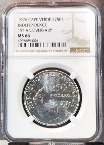 1976 CAPE VERDE SILVER 250 ESCUDOS INDEPENDENCE ANNIV NGC MS 66 RARE GEM BEAUTY