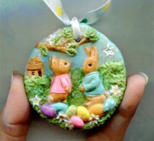 Easter Bunny Rabbits Eggs Charm Mini Ornament Miniature Art Sculpt JL Biel #2