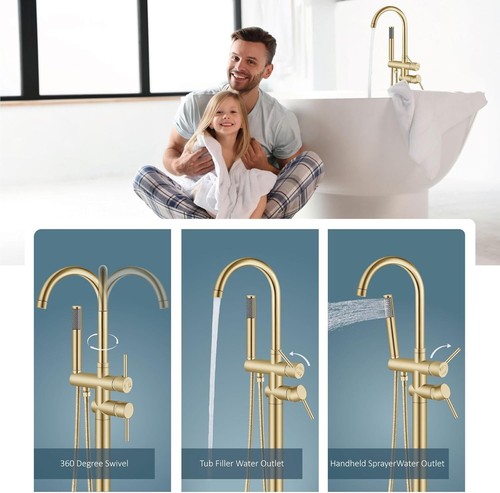 Floor Mount Bathtub Faucet Freestanding Tub Filler Standing High Flow Shower ... - Picture 4 of 9