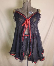 Vintage 90s Y2K Deadstock Black Red Babydoll Lingerie Set Ruffles Polka Dot 1X