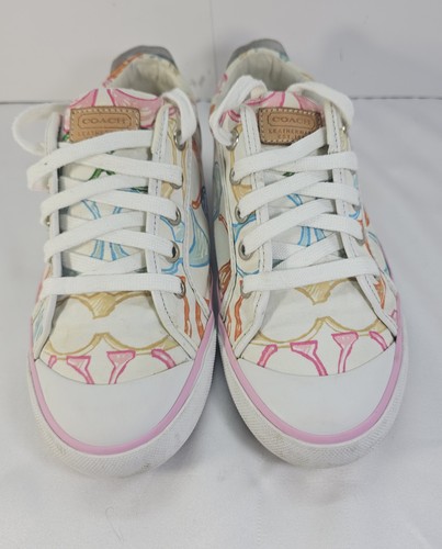 Coach Low Top Lace Up Sneakers White Multicolor Pink Floral Rubber Sole