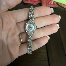 Vintage Hilton Ladies Swiss Watch Silver Tone Marcasite Art Deco Bracelet 