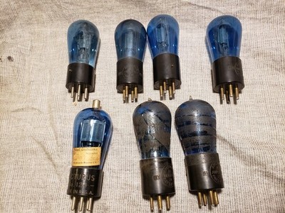 7 BLUE Glass ARCTURUS TUBES Engraved Base Top Tip Antique VTG radio DUD DISPLAY