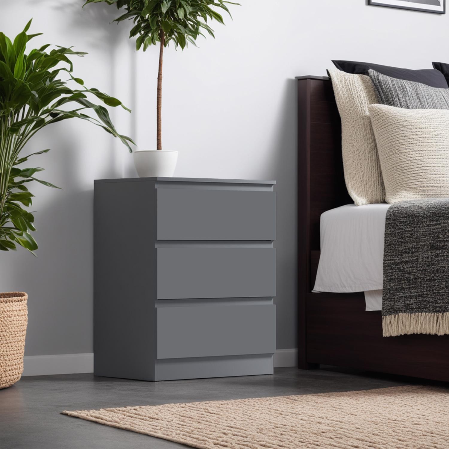 3 Drawer Bedside Bedroom Furniture Scandinavian handleless Design Dark Matt Grey