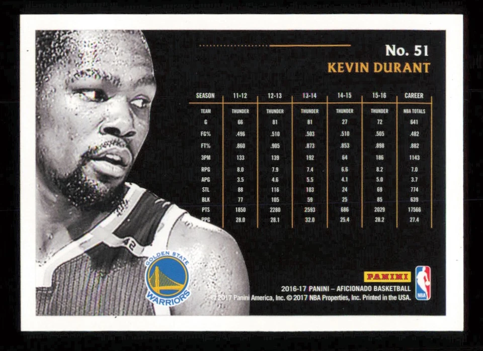 2016-17 Panini Aficionado #51 Kevin Durant  Basketball WARRIORS NM-MT - Image 2 of 3