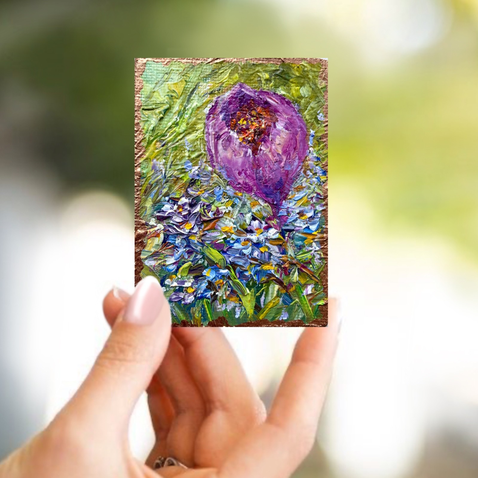 ACEO Purple Crocus Original Oil Paintiing Spring Flowers Min Art 3.5x2.5 in
