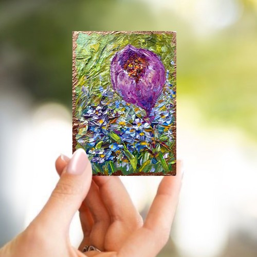 ACEO Purple Crocus Original Oil Paintiing Spring Flowers Min Art 3.5x2.5 in