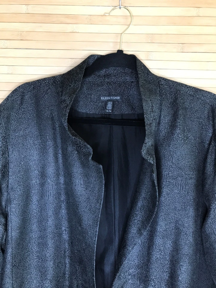Eileen Fisher Black Topper Jacket Size XL Silk Linen blend Stand Up Collar - Image 3 of 4