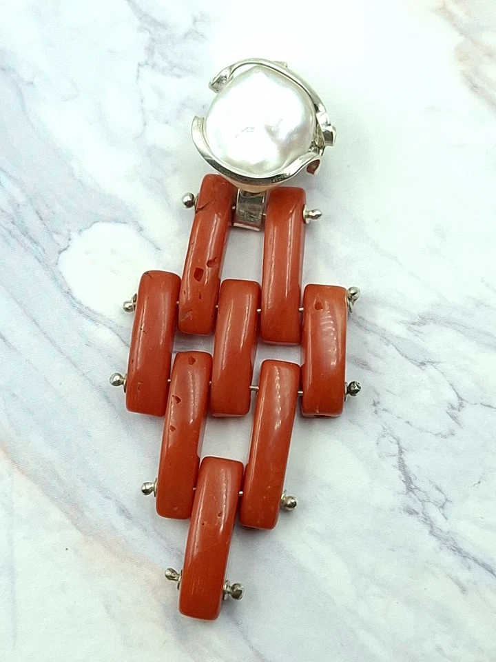 Antico Ciondolo Perla Australiana Corallo Rosso Argento 925 Rodiato Art Deco - Immagine 2 di 4