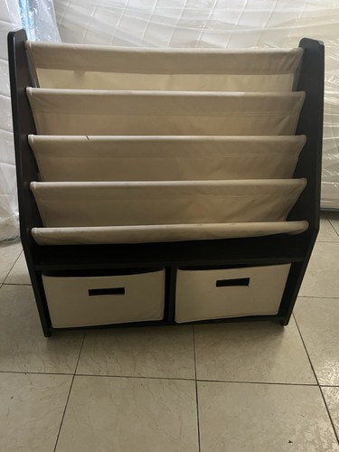 Kids Bookcase with Canvas and Fabric Shelves, Storage Bins, Beige Brown