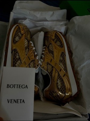 Bottega Veneta Gold White Geometric Lace Up Low Top Men's Athletic Sneakers