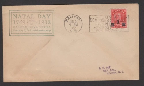 1932 First Day Cover Canada Sc #191  Halifax N S Cancel NATAL DAY Cachet
