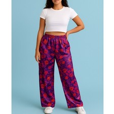 Vintage Satin Wide Leg Pants Bold Artsy Floral All Over Print Festival Medium